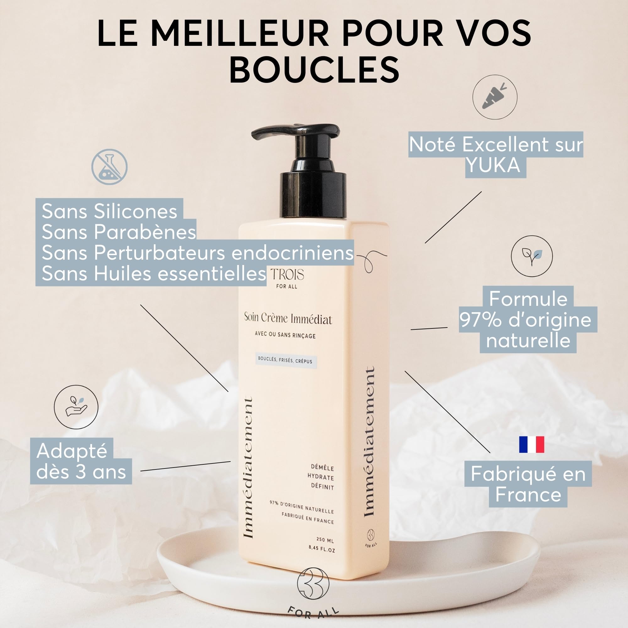 Trois For All Crème Cheveux Bouclés, Soin Crème Immédiat avec ou sans Rinçage, Curly Hair Produit Tout en 1 : Définition des Boucles, Démêlant Cheveux, Après Shampoing, Boost Curl, 250ml