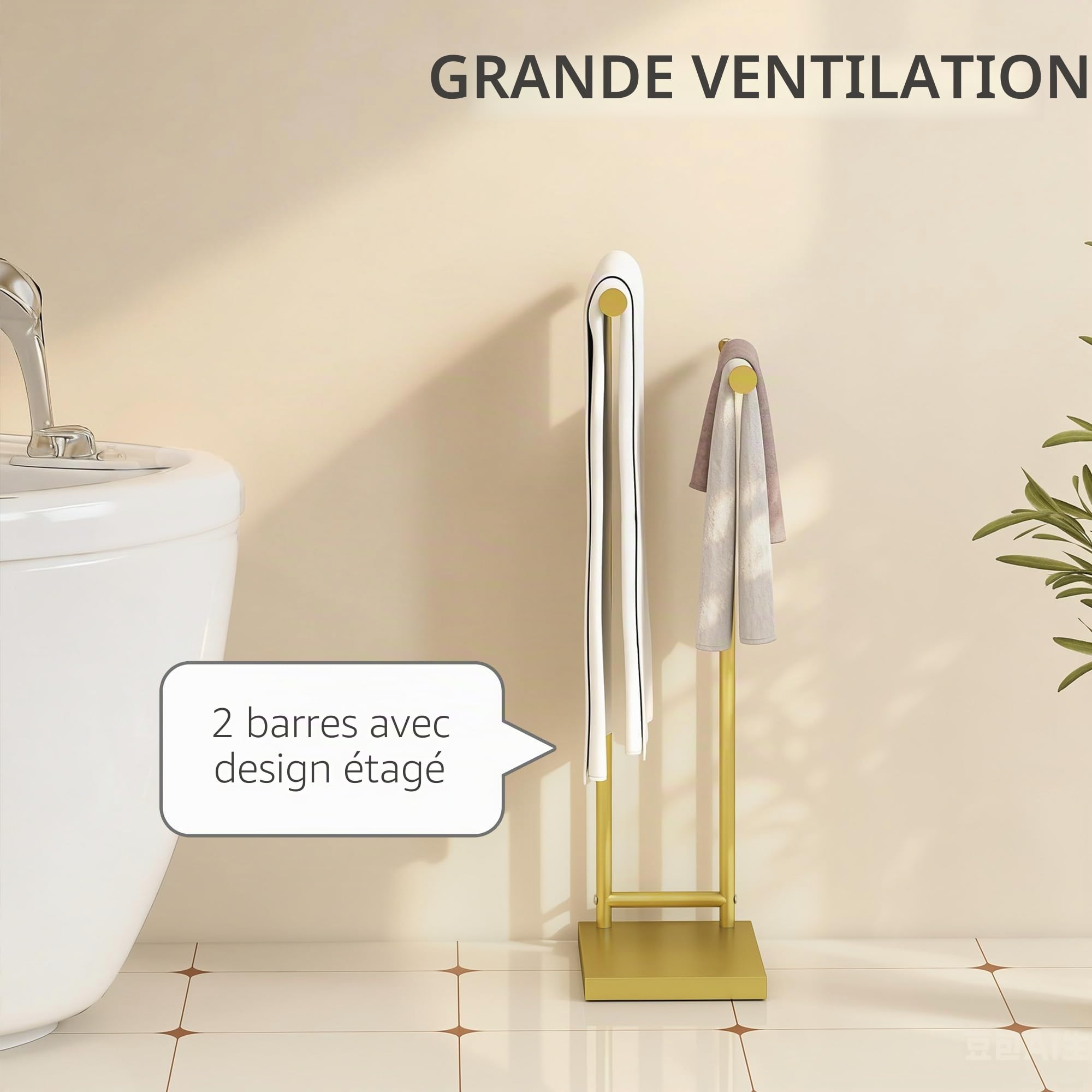 HOMCOM Porte-serviettes sur pied à 2 niveaux avec 2 barres 35,5 x 20 x 78 cm Doré | Porte-serviettes échelle de salle de bain, cadre métallique, style moderne, en forme de L