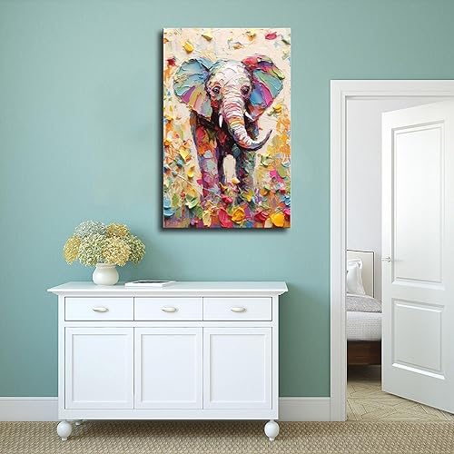 Miniatura 4 de Fyzuf Arte de pared de elefante - Pintura al óleo sobre lienzo, estilo cubismo, estética de elefante colorido, 12 x 18 pulgadas (11.8 x 17.7 in) sin