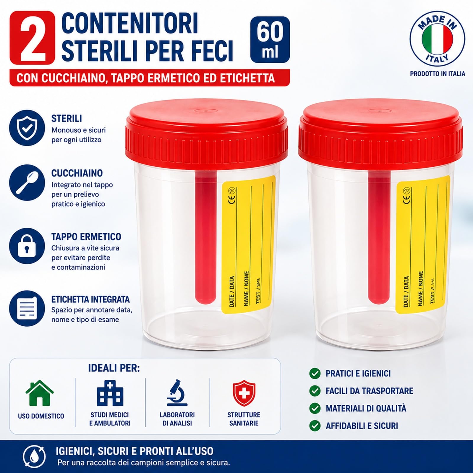 Topolenashop 2 Contenitori Sterili per Feci 60 ml con Cucchiaino, Tappo Ermetico ed Etichetta – Barattoli Raccolta Campioni Monouso per Analisi Coprologiche, Made in Italy 578943