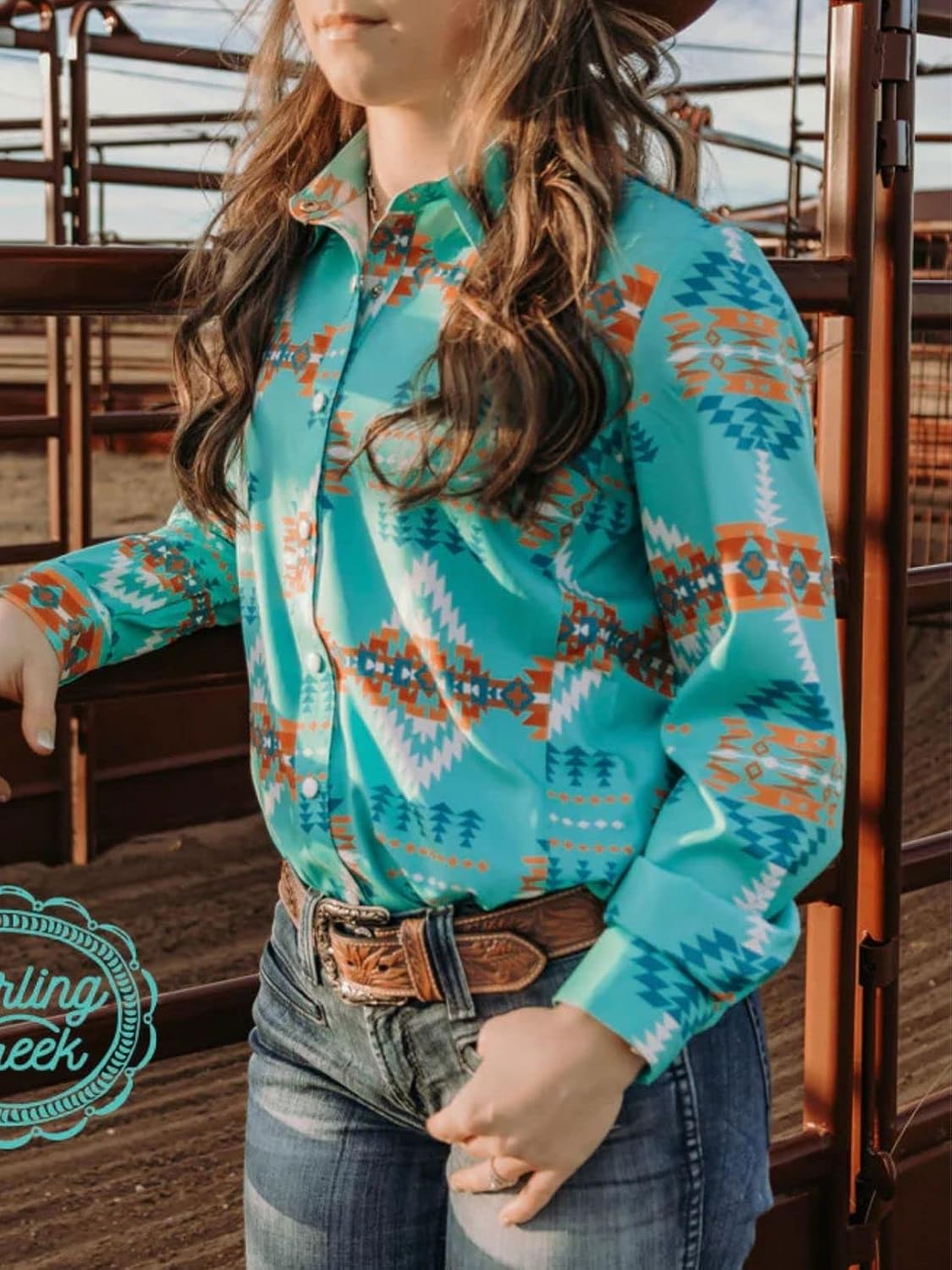 Womens Aztec Pearl Snap Shirts Rodeo Western Show Tops Lapel Button Up Blouse Long Sleeve Cowgirl Tunic - Image 6