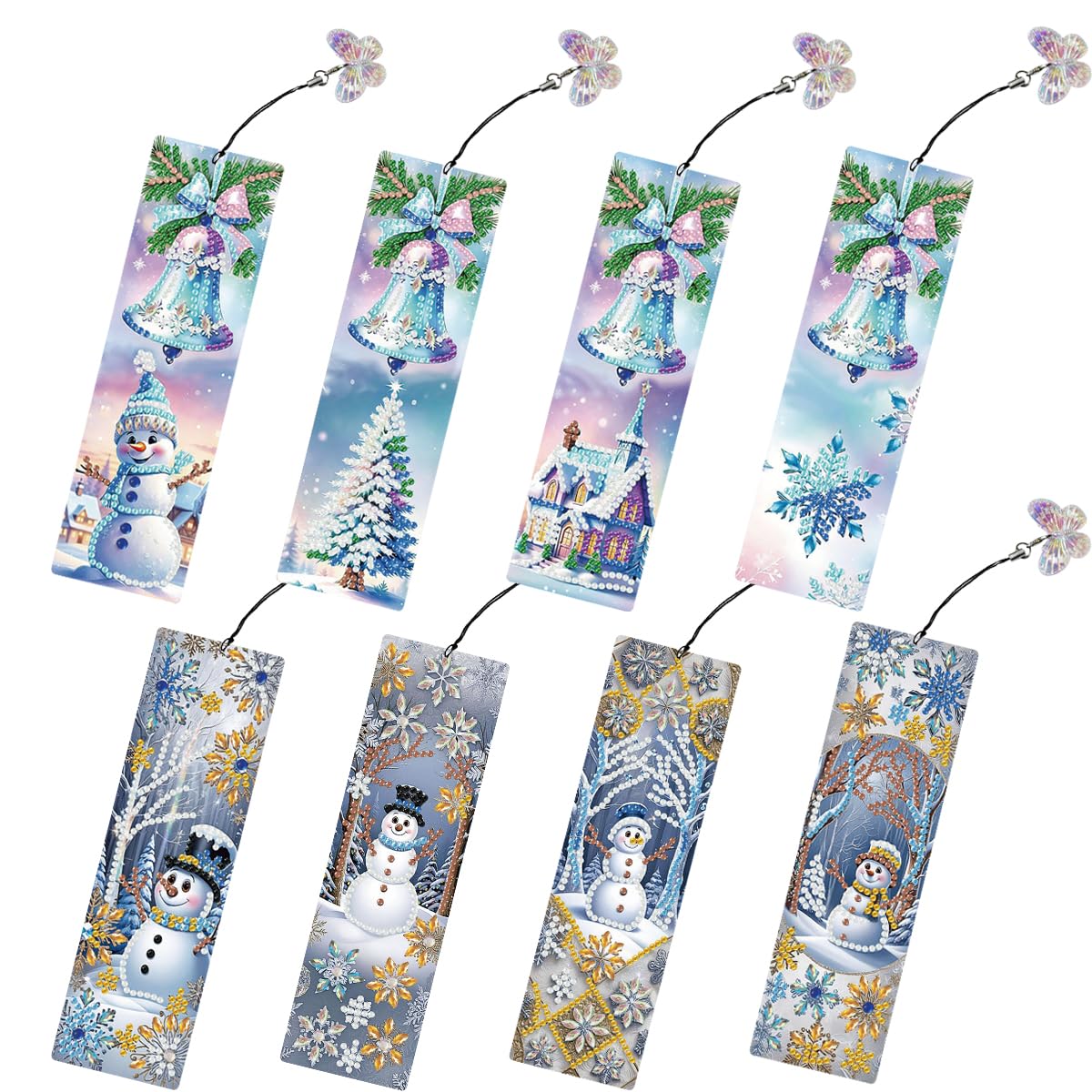 8 Pcs 5D Diamond Art Bookmarks for Reading Lovers, Handmade DIY Diamond Painting Bookmarks with Tassels, Gift for Graduation Birthday (Snowman)