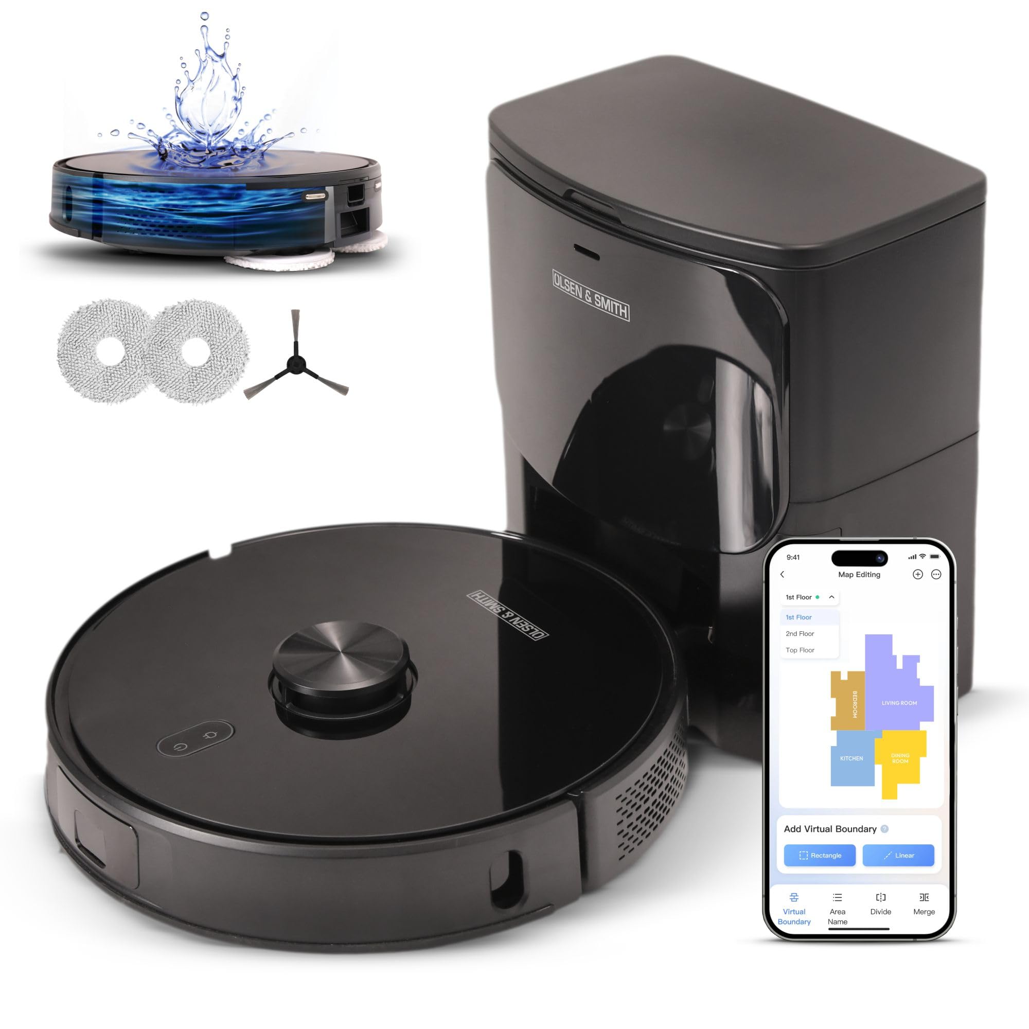 Olsen & Smith Robot Vacuum Cleaner with Mop & Self-Empty Station – 6500Pa Suction, Laser Navigation, Vacuum & Mop in One, 3L Auto-Empty, App Control, HEPA – Slim 9.8cm, Hard Floors & Carpets, Black