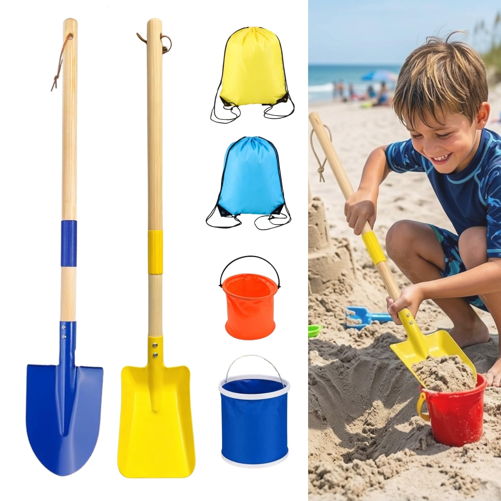 Set di 6 pala da spiaggia staccabili, con manico in legno da 71 cm, con 2 secchi d'acqua e sacchetti per riporre oggetti per bambini, per scavare sabbia e neve, attrezzi da giardinaggio (blu e giallo