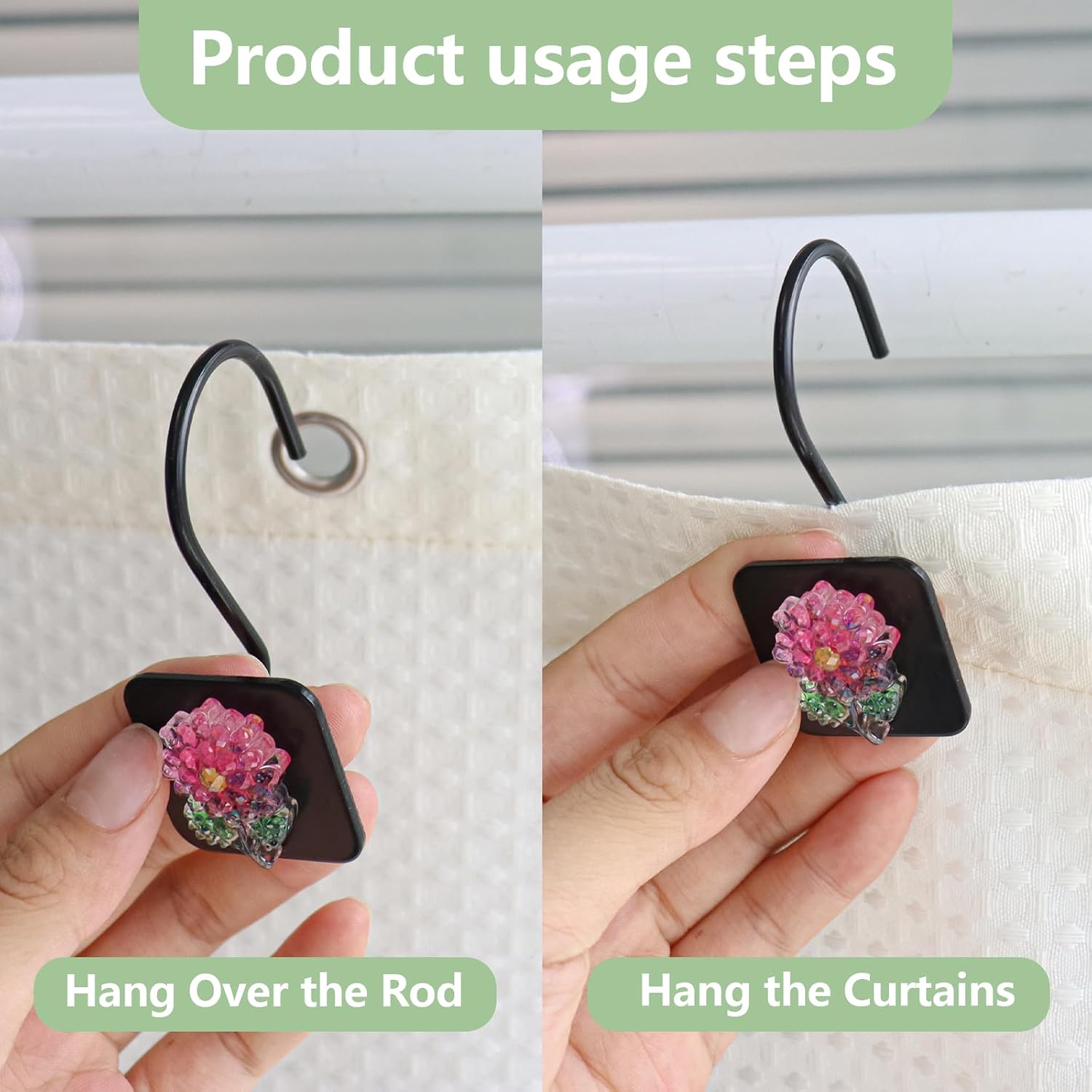 Shower Curtain Hooks, Bird&Flower Decorative Shower Curtain Rings,Metal Rustproof Curtain Hangers for Drapery Bar,Cute Bathroom Hooks Decoration Accessories 12PCS image 2