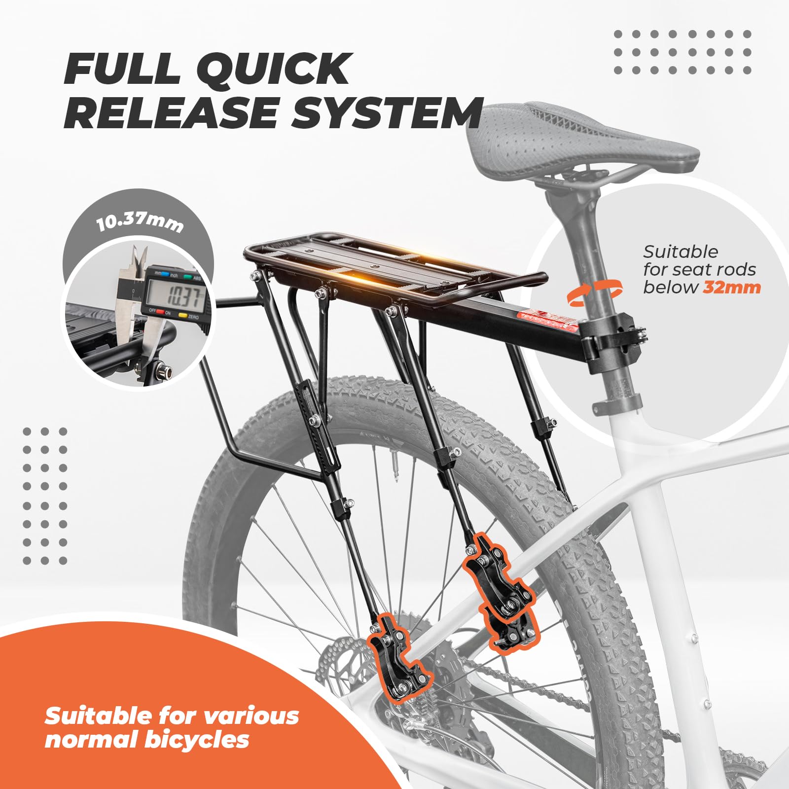 ROCKBROS Porte Bagage Vélo Arrière Support Tige de Selle Fourche Arrière Imperméable pour 26-29 Pouces avec Réflecteur Alliage Aluminium Robuste Max. 75kg Longueur 4 Jambes Réglable Démontage Rapide
