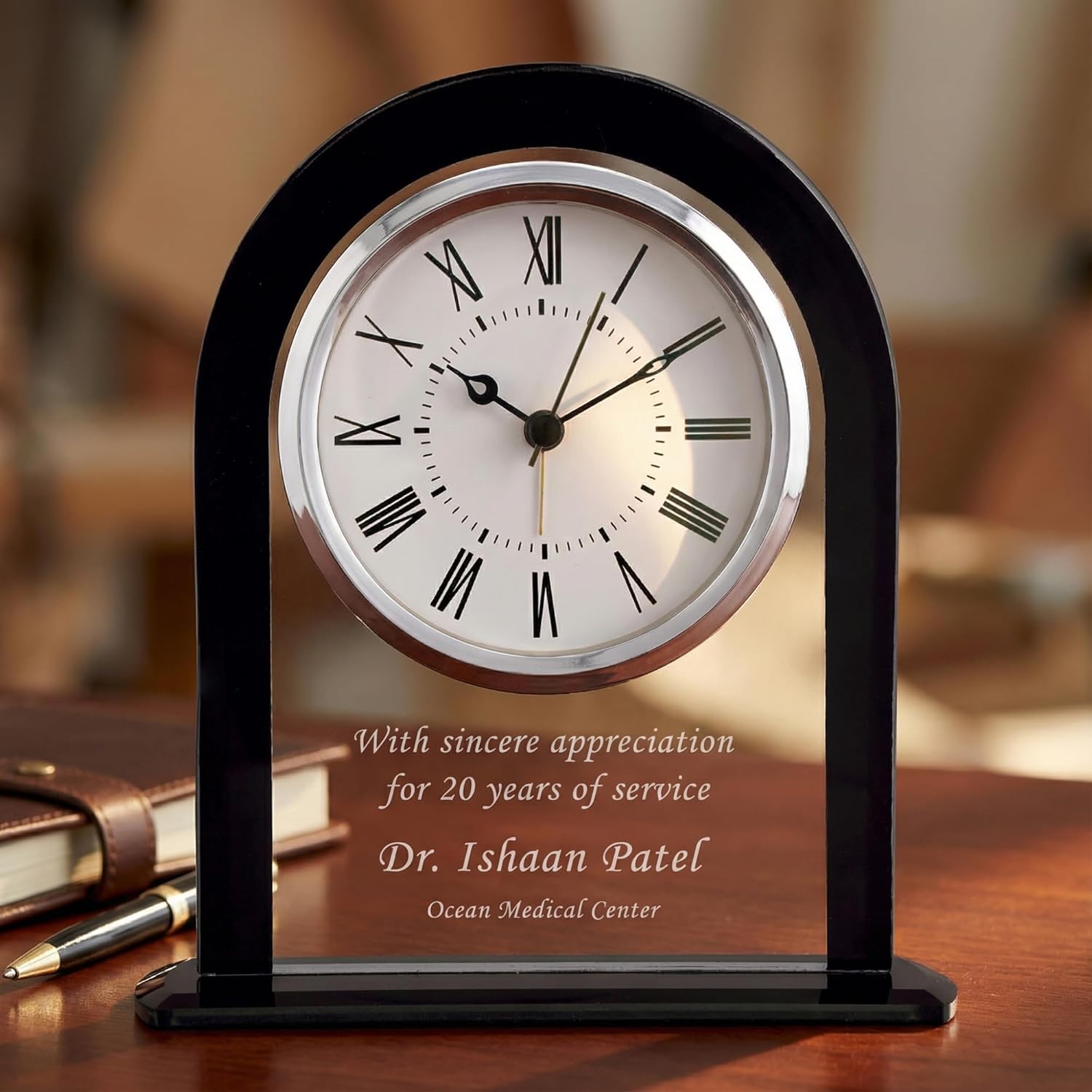 Personalized 6 1/4" Black and Clear Glass Arch Clock, Custom Engraved Battery Operated Desk Clock for Employee Appreciation, Recognition, Retirement Award