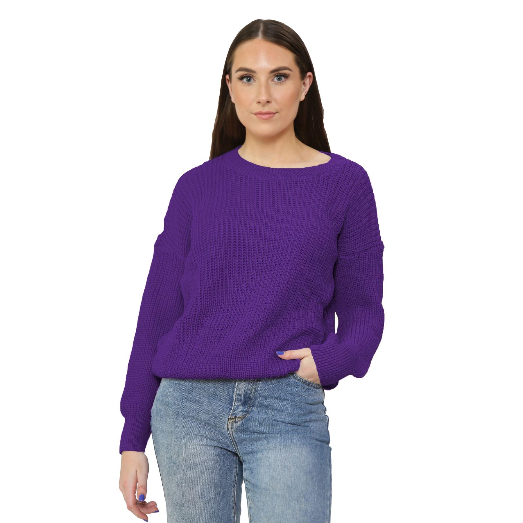Hamishkane Women's Purple Hamishkane® Long Sleeve Baggy Fisherman Sweater, Chunky Knitted Crew Neck Jumper, Lightweight Pull Over Chunky Sweater Winter Oversized Jumpers