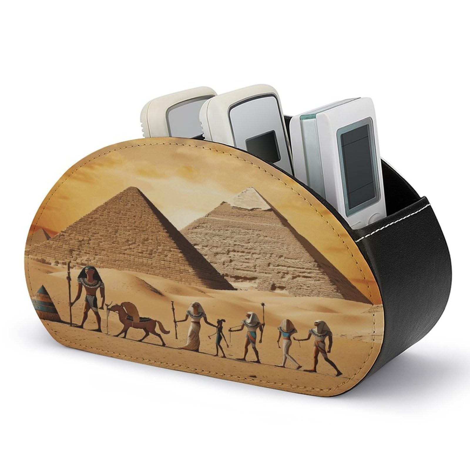 VstaDank Ancient Egypt Remote Control Holder Farmhouse TV Media Remote Storage Box with 5 Compartments PU Leather Remote Caddy Desktop Organizer for Home Bedside Table Organizer