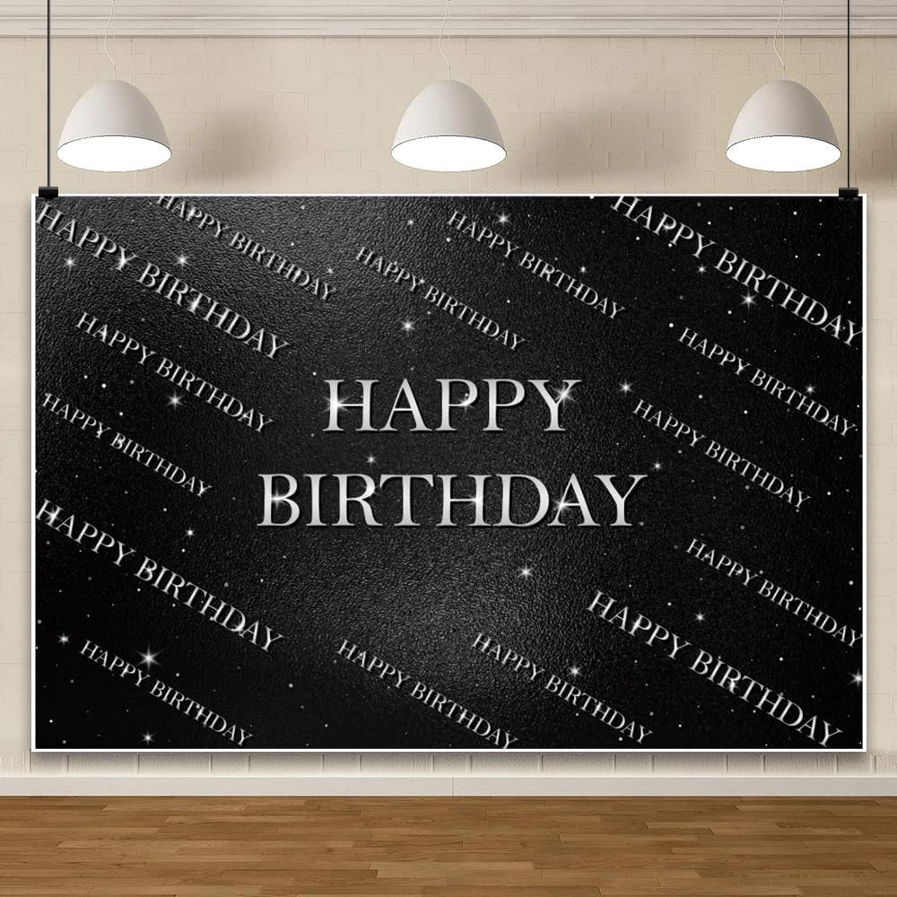 Chloroplastid Black & Silver Birthday Backdrop 10x8ft Black Leather Theme Happy Birthday Photography Background Men Women 30th 40th 50th 60th Party Banner Decor Photo Studio Props