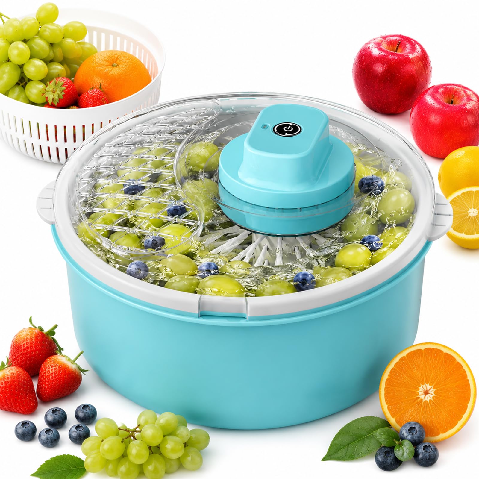 Centrifuga elettrica per Lavatrice per Frutta, Lavaggio e centrifuga a 360° | 12 testine e base antiscivolo, ciotola per la pulizia di frutta e verdura, per insalata di lattuga(blue)
