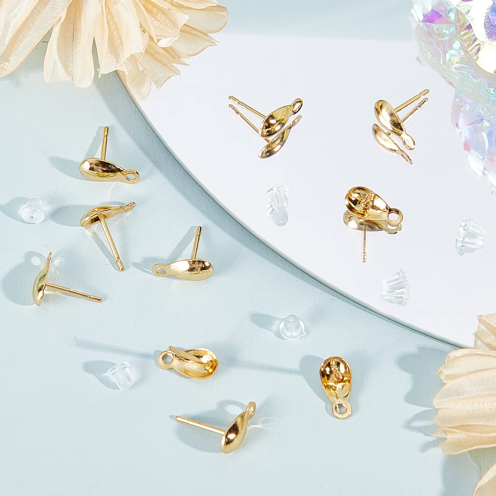 Beebeecraft 20 Pezzi Orecchini Clip Francesi Unghia Placcato Oro 18K Con Piattello E Foro - Base Per Gioielli Fai-da-Te - 3