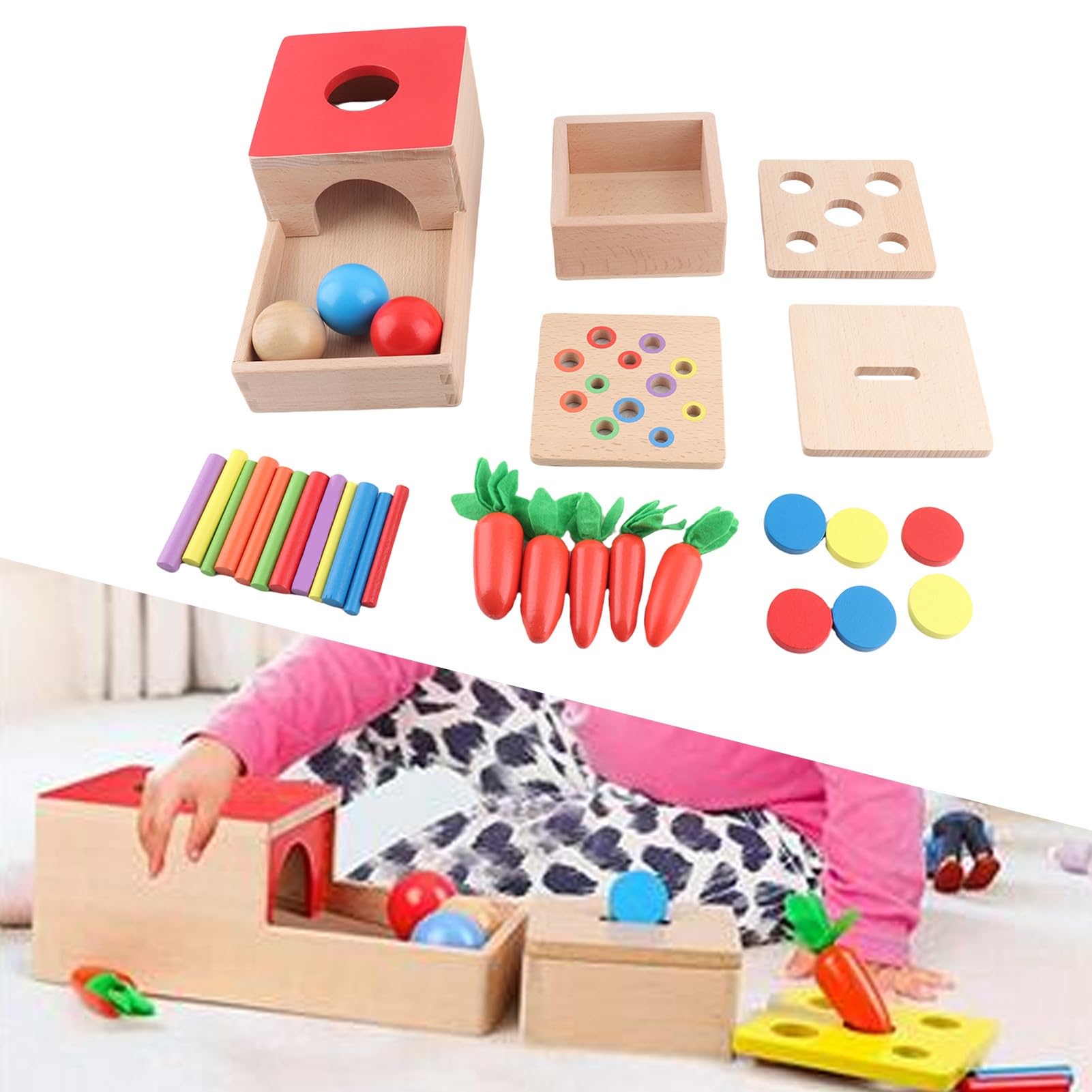 Kit da Gioco in Legno Giocattolo Educativo per la Selezione dei Colori per i più Piccoli, Tavola Quadrangolare e Kit da Gioco per la Raccolta delle Carote, Legno di Faggio Sicuro, per i