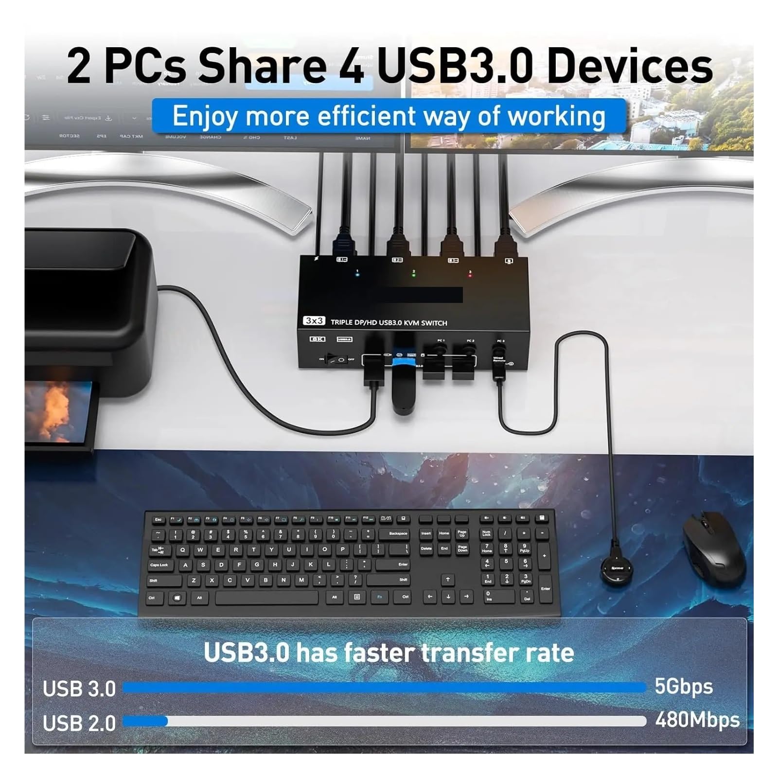 Convertitori video, Switch KVM USB 3.0 3 monitor 3 computer 8K@60Hz 4K@144Hz KVM a triplo monitor con 4 porte USB 3.0 KVM triplo