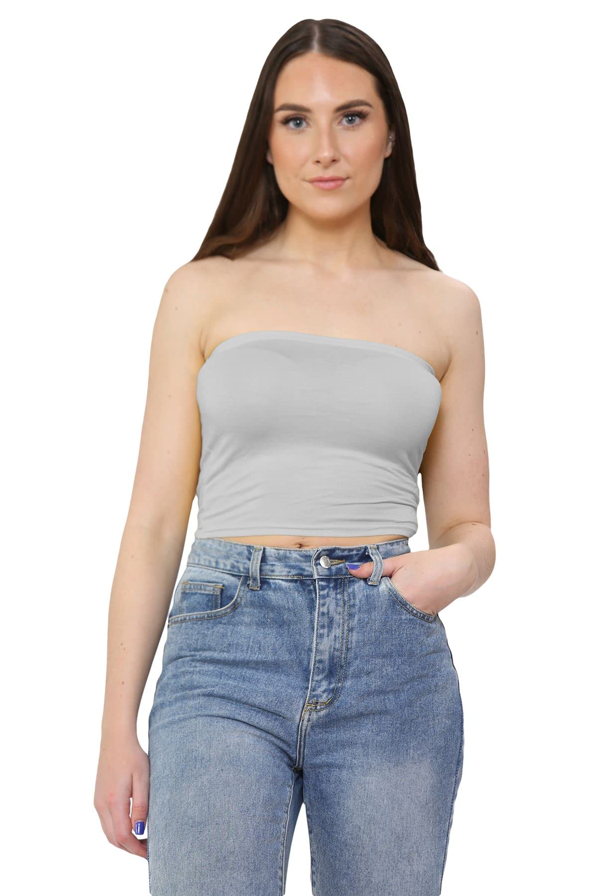Janisramone Women's Grey Janisramone® Bandeau Crop Top, Stretchy Strapless Boob Tube Style Summer Tops - Crop Tops For Ideal Going Out Tops For Uk