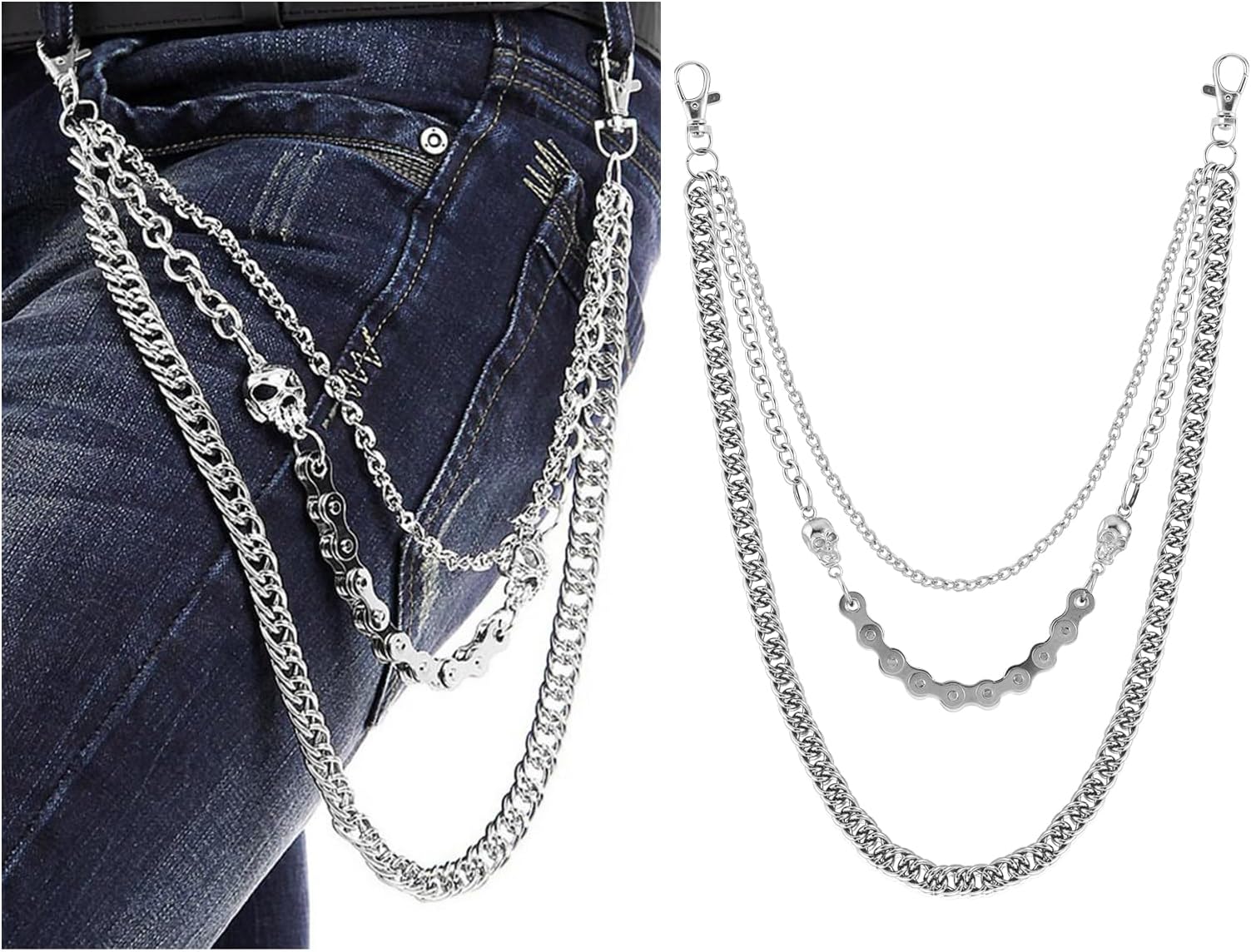 Jeans Chains Wallet Chain Pants Chain, Silver Pocket Chain Skull Chains Hip Hop Rock Chains Punk Gothic Metal Belt Chain Biker Trouser Chain Accessory Jewelry Gift for Men Women