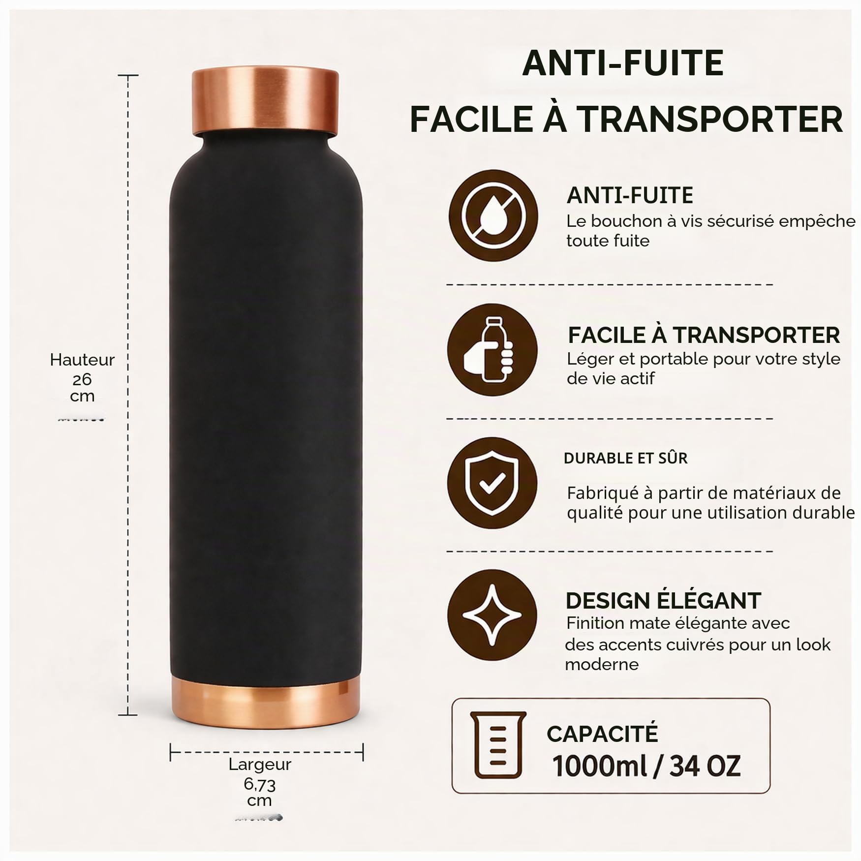 Bouteille d'eau en cuivre pur Fabriquée à la main - Bienfaits ayurvédiques pour la santé - 33 OZ Facile à transporter pour le sport, l'école - Finition mate noir de jais en émail vintage.