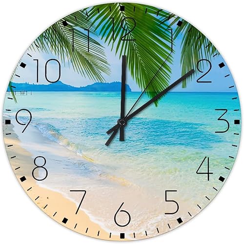 Reloj de pared silencioso de 10 pulgadas sin tictac, escena de playa, palmeras tropicales, decoración del hogar para aula, tema océano, mar,