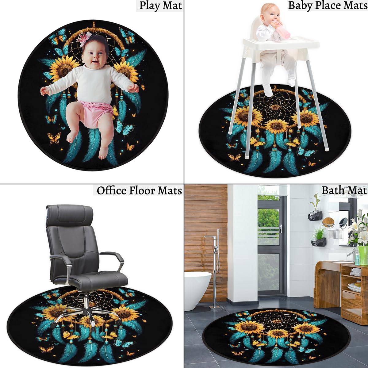 Türkisfarbene Federn, Traumfänger, Sonnenblumen, Teppich, rund, waschbar, Gaming-Teppich für Schlafzimmer, Wohnzimmer, Arbeitszimmer, Bodenmatte, 160 cm