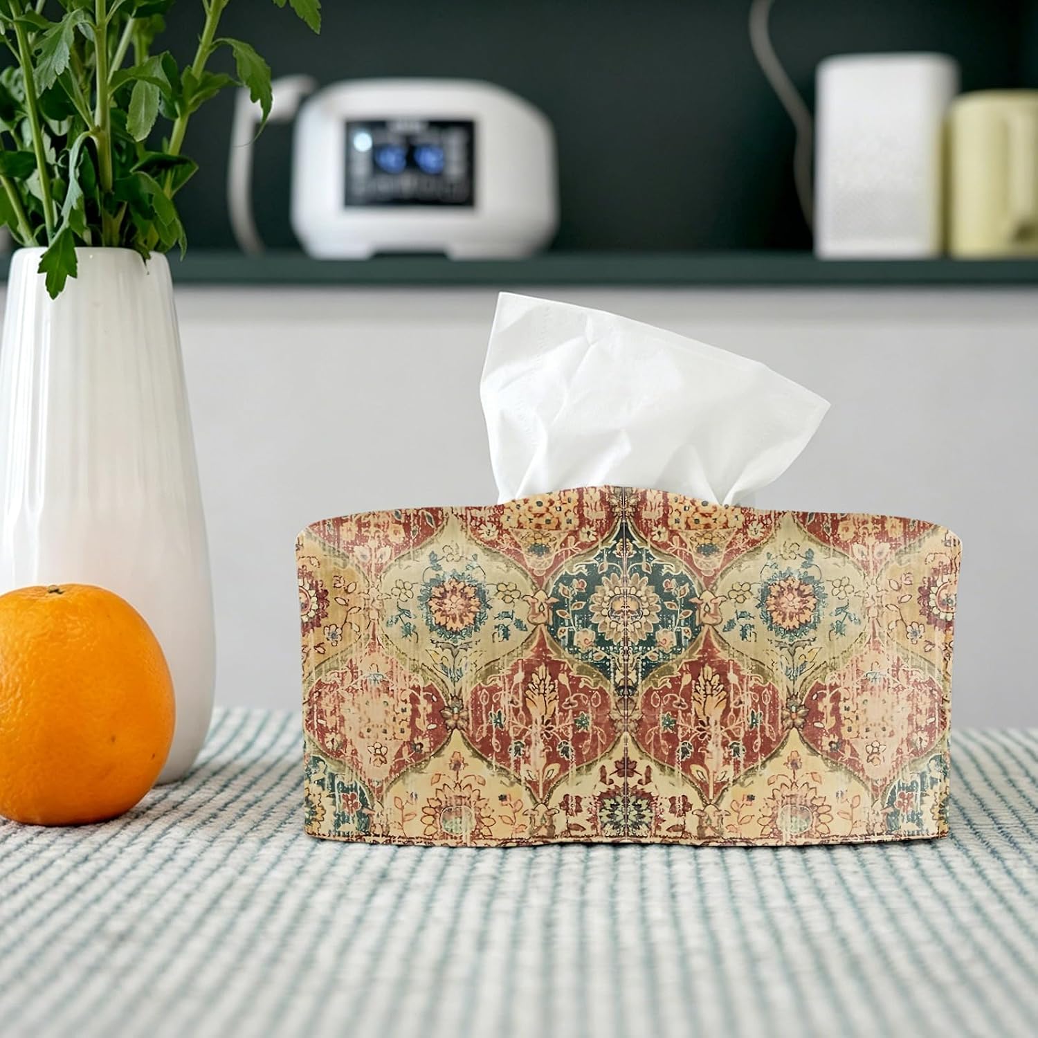Yellow Vintage Persian Tissue Box Cover Rectangle,Boho Oriental Kilim Tissue Box Holder,Bohemian Moroccan Decorative Facial Tissue Case for Living Room Bathroom Kitchen Office Desk,9.5x4.7x4.7