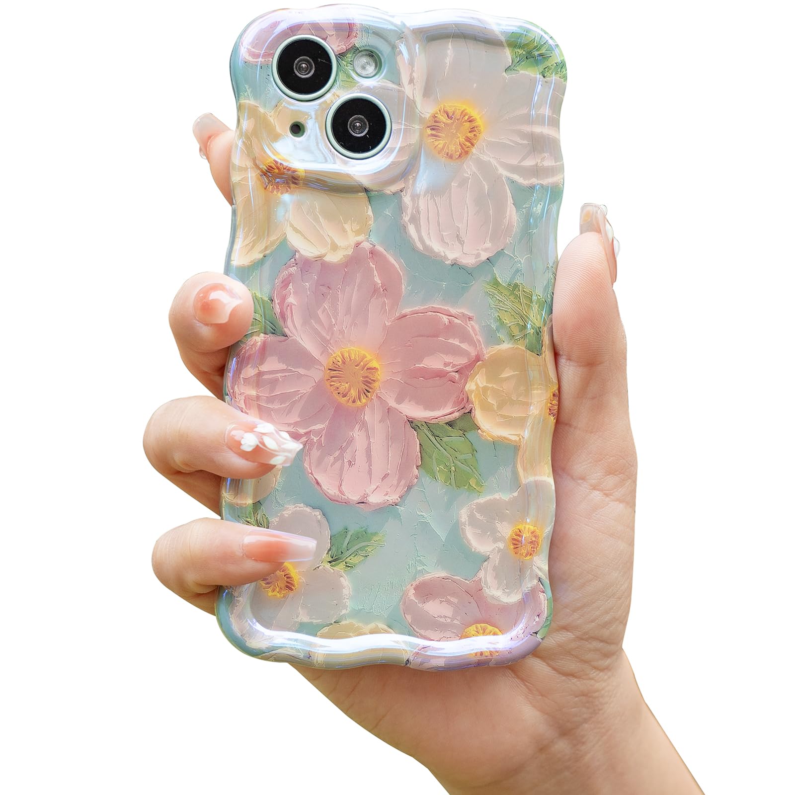 Cute Case for iPhone 15, Colorful Retro Oil Painting Printed Flowers Case, Fashion TPU Floral Laser Beam Glossy Pattern Curly Waves Frame Shockproof Protective Case Cover for Girl Women
