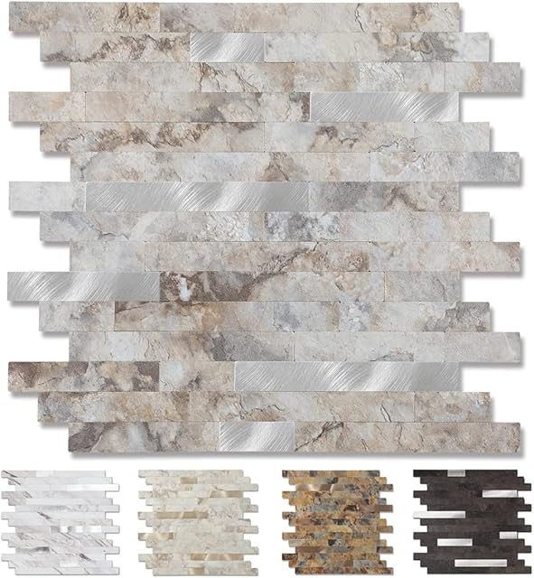 Yipscazo Peel and Stick Stone Metal Wall Tiles, Stick on Tiles for Backsplash Kitchen, Bathroom, Laundry Room, Camper, Fireplace (12'' X 12'', 5 Sheets in Perisa)