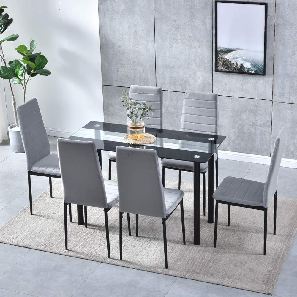 Buy 7 Piece Dining Table Set Modern Glass Dining Table with 6 Velvet