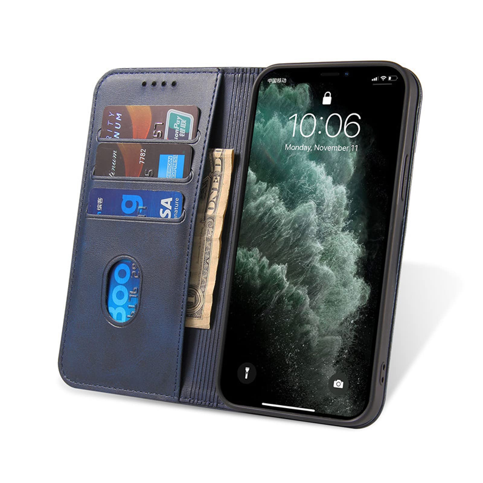 LTL Etui na telefon do iPhone 13 Mini/13/13 Pro/13 Pro Max, ręcznie robione skórzane etui z klapką z przegródkami na karty, etui na telefon, magnetyczne zamknięcie, niebieskie, 13pro 6,1"