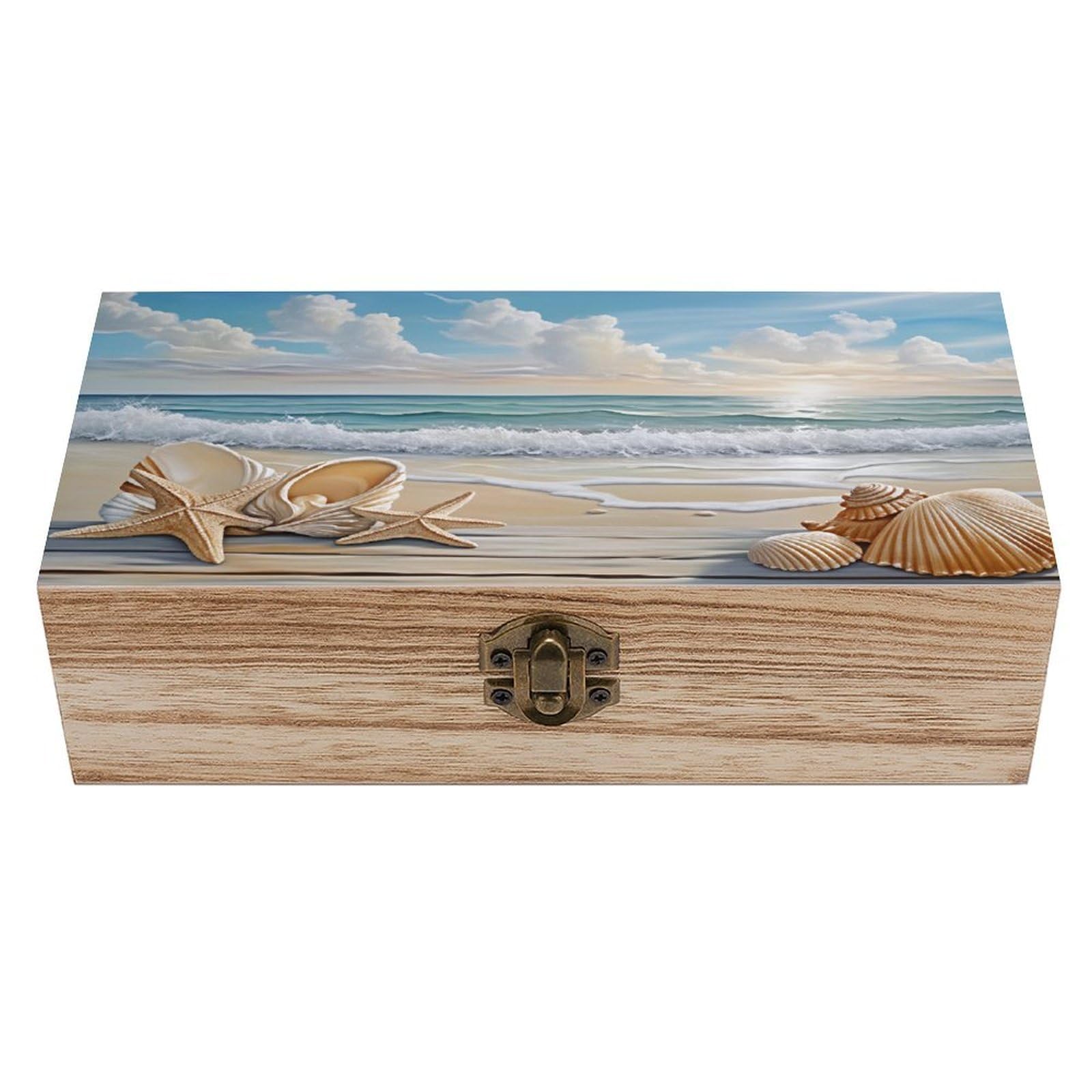 HLBSDM Starfish And Beach Vintage Wooden Keepsake Box with Hinged Lid And Locking Clasp, Decorative Storage Box for Jewelry, Trinkets And Small Accessories, Organizer for Home Or Wedding
