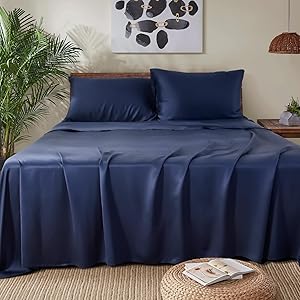 NEXHOME PRO 100% Certified Tencel Sheets King Size 4 Piece, 100% Eucalyptus Lyocell Cooling Navy Bed Sheets Set, Organic Breathable Fitted Sheets with 16 Inch Deep Pocket for Hot Sleepers