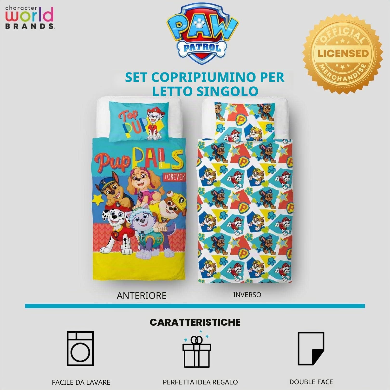 Paw Patrol Set copripiumino singolo per bambini, reversibile, double-face, con federa coordinata, con personaggi del mondo dei personaggi