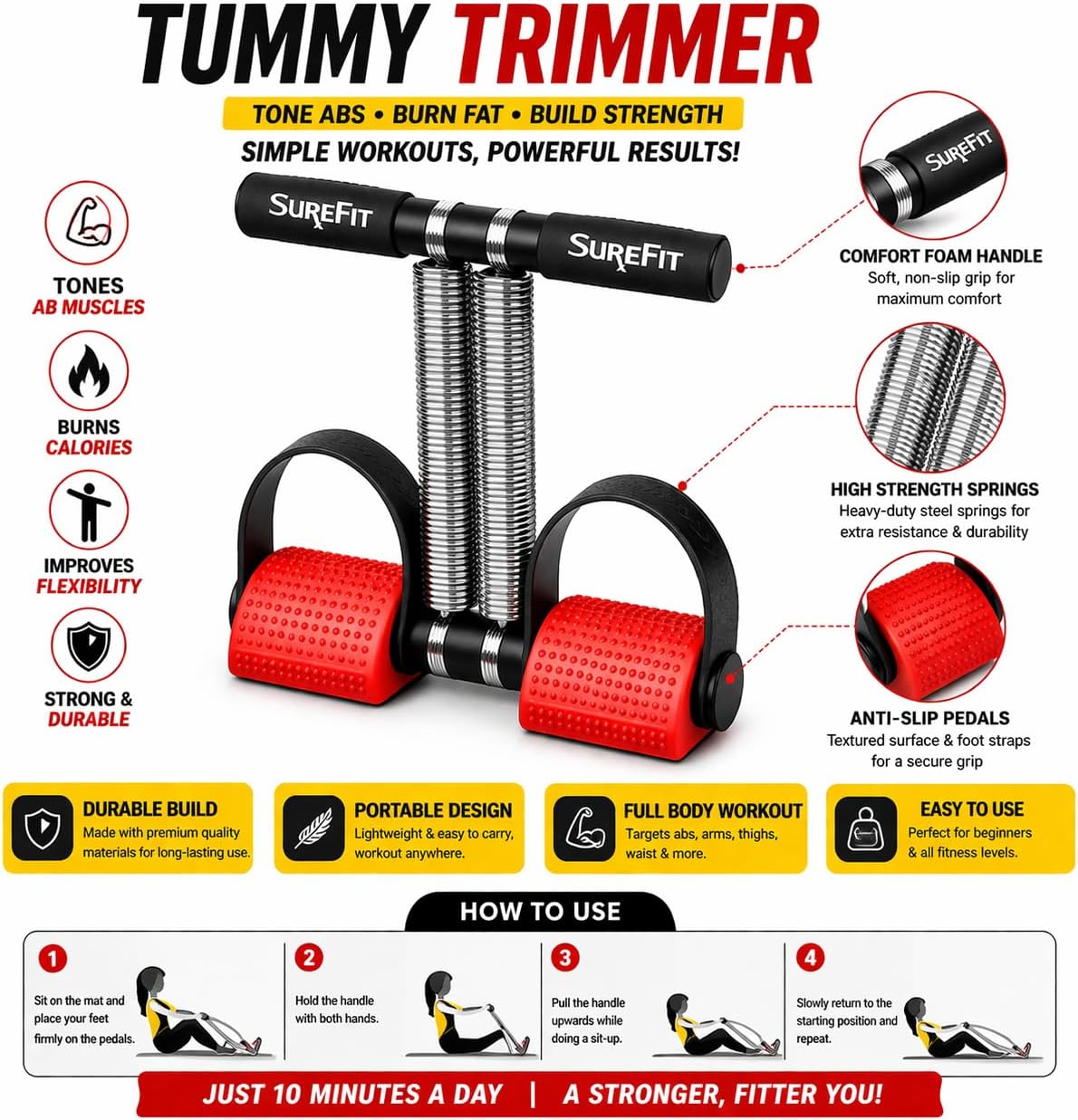 SUREFIT Double Spring Tummy Trimmer with Resistance Band | Full Body Home Workout Equipment for Abs, Arms, Chest & Legs | Non-Slip Foam Handle & Foot Pedal | For Men & Women