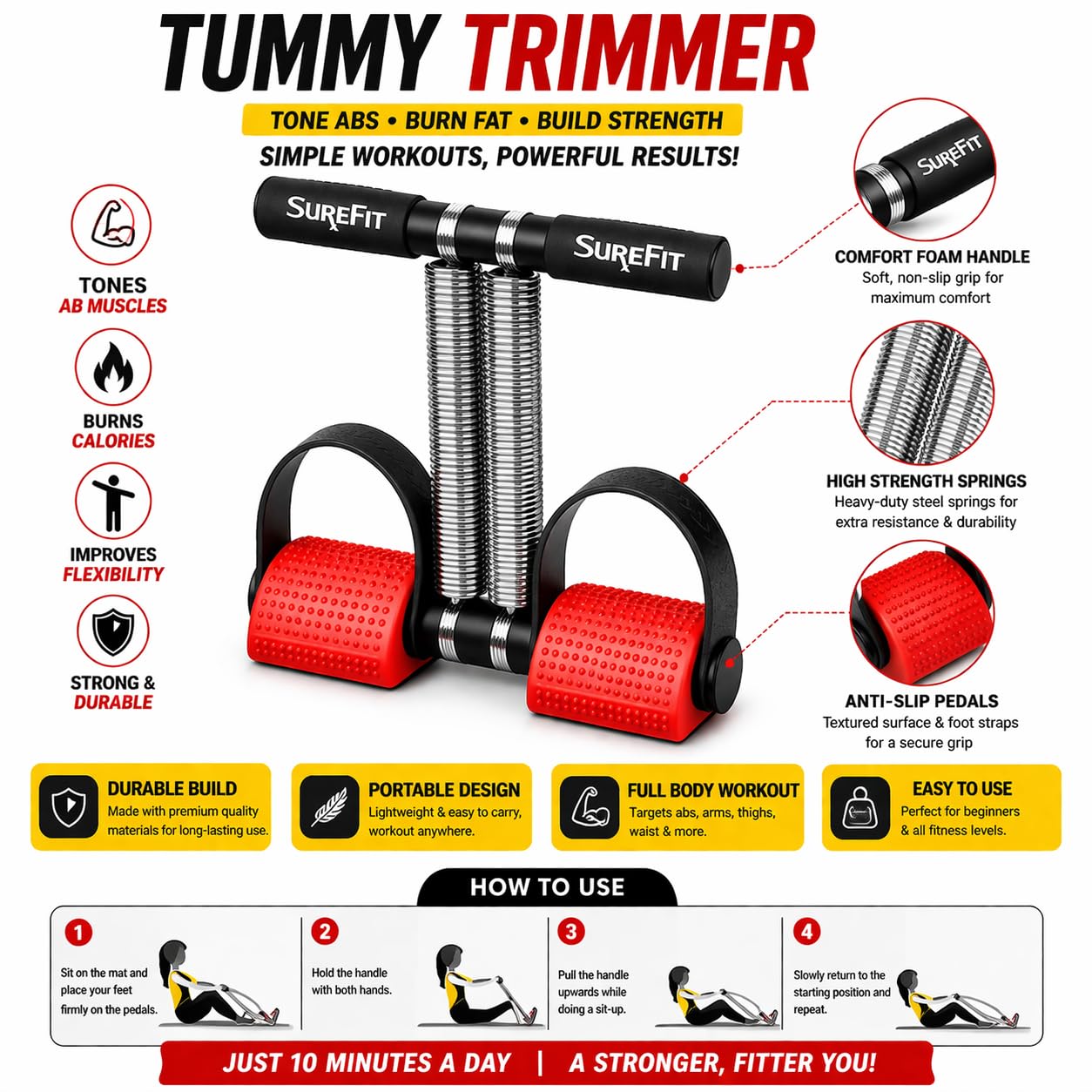 SUREFIT Double Spring Tummy Trimmer with Resistance Band | Full Body Home Workout Equipment for Abs, Arms, Chest & Legs | Non-Slip Foam Handle & Foot Pedal | For Men & Women 4