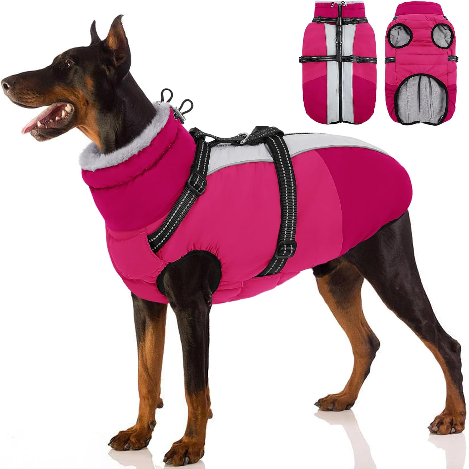 sunfura dog coat, dog jacket for large dogs with harness built in, warm pet winter coat zip up snow jacket with furry collar for boston terrier, french bulldogs, hot pink l large hotpink