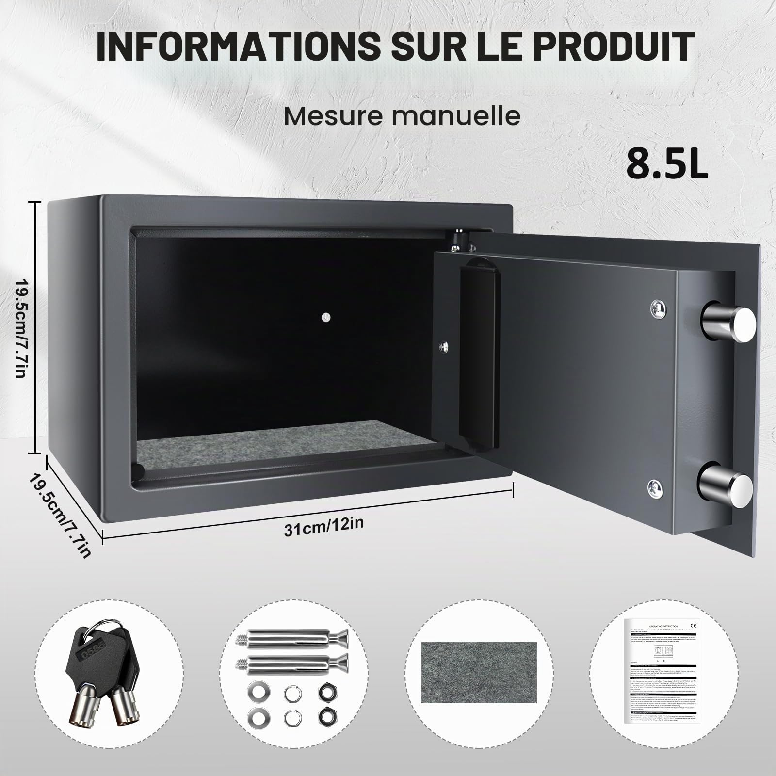Coffre-fort électronique numérique avec 2 clés, haute sécurité, gris, avec clavier numérique, 31 x 20 x 20 cm (8,5 l)