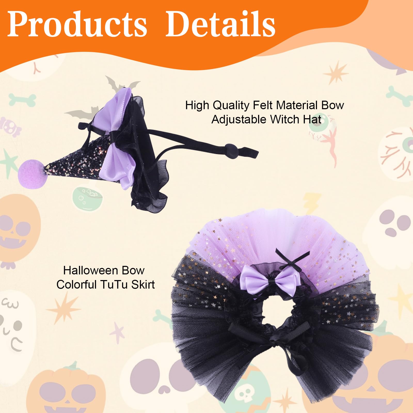 Fnaobai 2pcs Bearded Dragon Witch Costume Set Small Pet Adjustable Hat Bow Tutu Skirt Outfits for Lizards Guinea Pigs Bunny Ferrets for Celebrations Halloween Parties (Glitter Purple) - Image 3