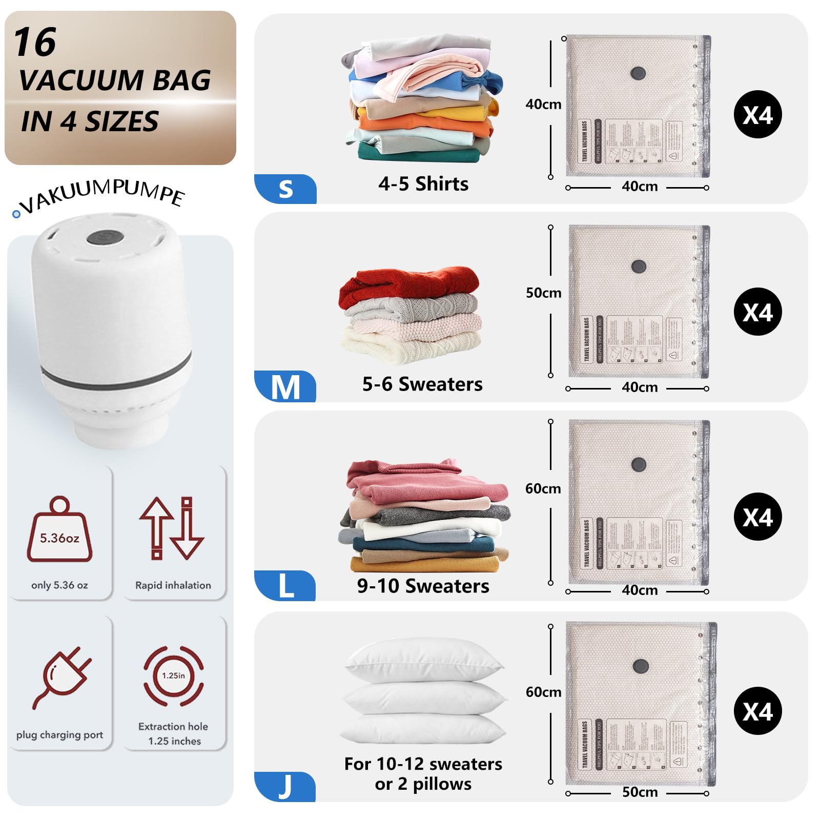 Set di 16 Sacchetti Sottovuoto Viaggio con Pompa Elettrica Portatile - 4 Misure (40x40, 40x50, 40x60, 50x60 cm) - Sacchetti Sottovuoto Vestiti e Biancheria per Organizzare Bagagli