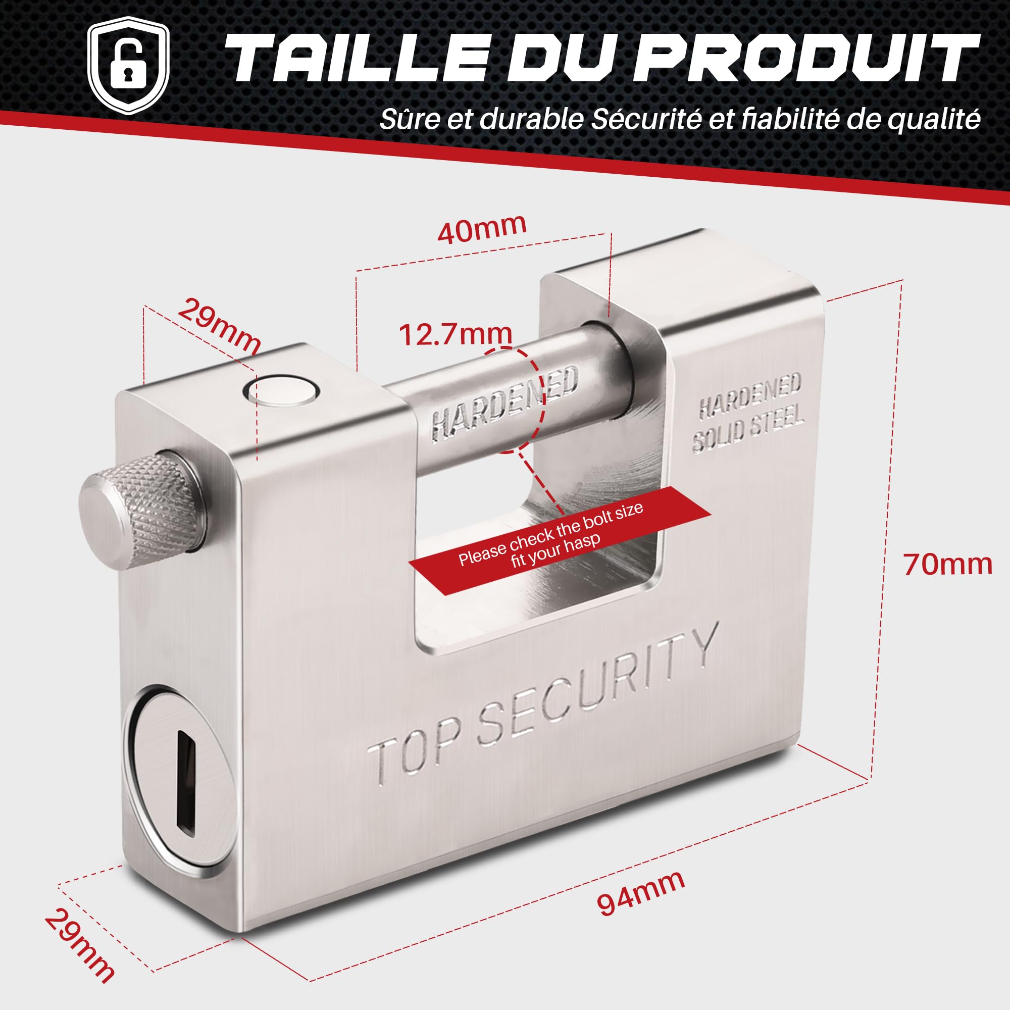 Cadenas robuste de 94 mm avec 5 clés, Cadenas Clé avec anse solide en acier trempé de 12,7 mm d'épaisseur, Cadenas à Clé de sécurité antivol résistant à la corrosion pour conteneurs d'expédition