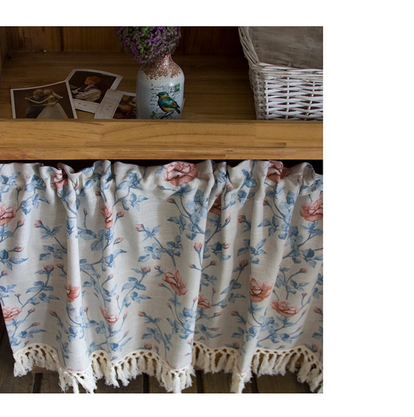A.Monamour Gardine Scheibengardinen Kurzstores Botanisches Rosen Blumen Muster aus Baumwoll Leinen mit Quasten Kurzgardinen Küchengardine Küchenvorhang Küche Fenster Kurz Vorhang Stores Bistrogardine