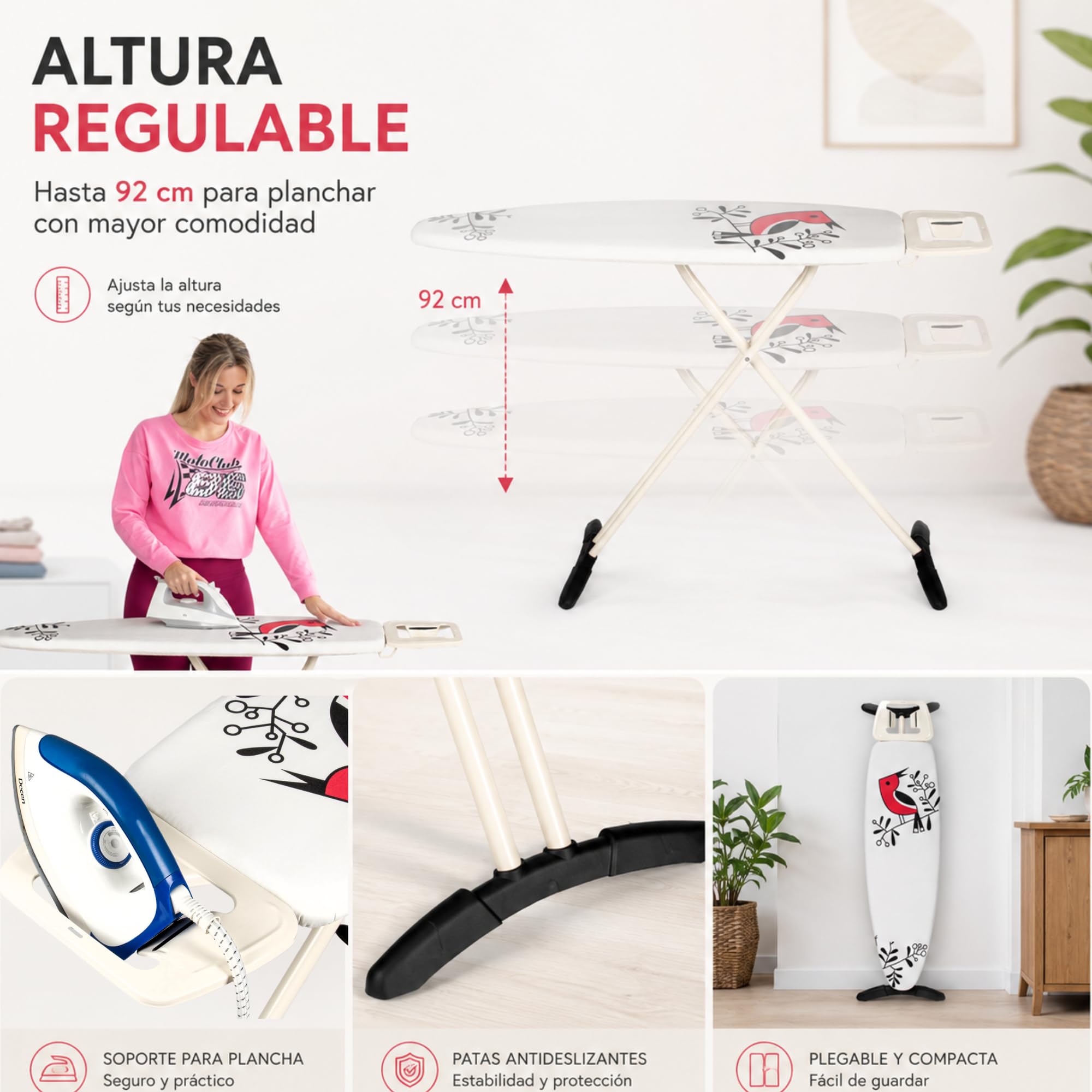 Tabla de Planchar YoungVIP | Área Planchado 116x35 cm | Patas Antideslizantes estables | Protector Suelo | Soporte Plancha | Funda 100% algodón+Relleno | Altura Regulable hasta 92 cm
