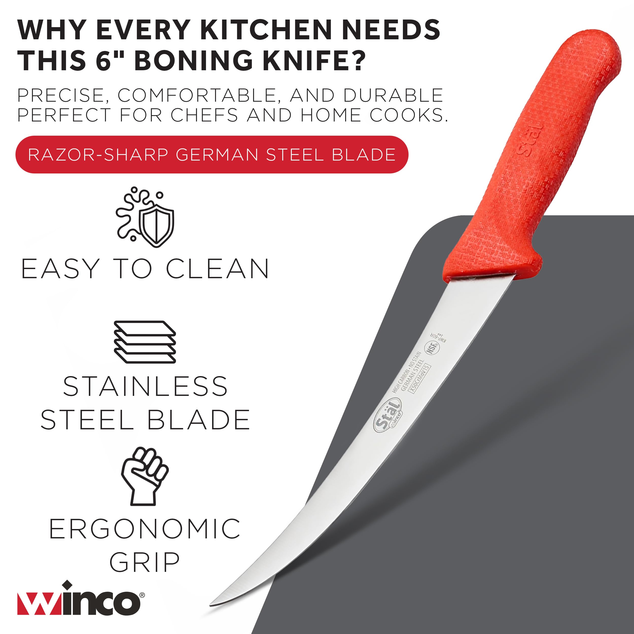 Winco 6" Red Plastic Commercial-Grade Boning Knife — Amazon image 3