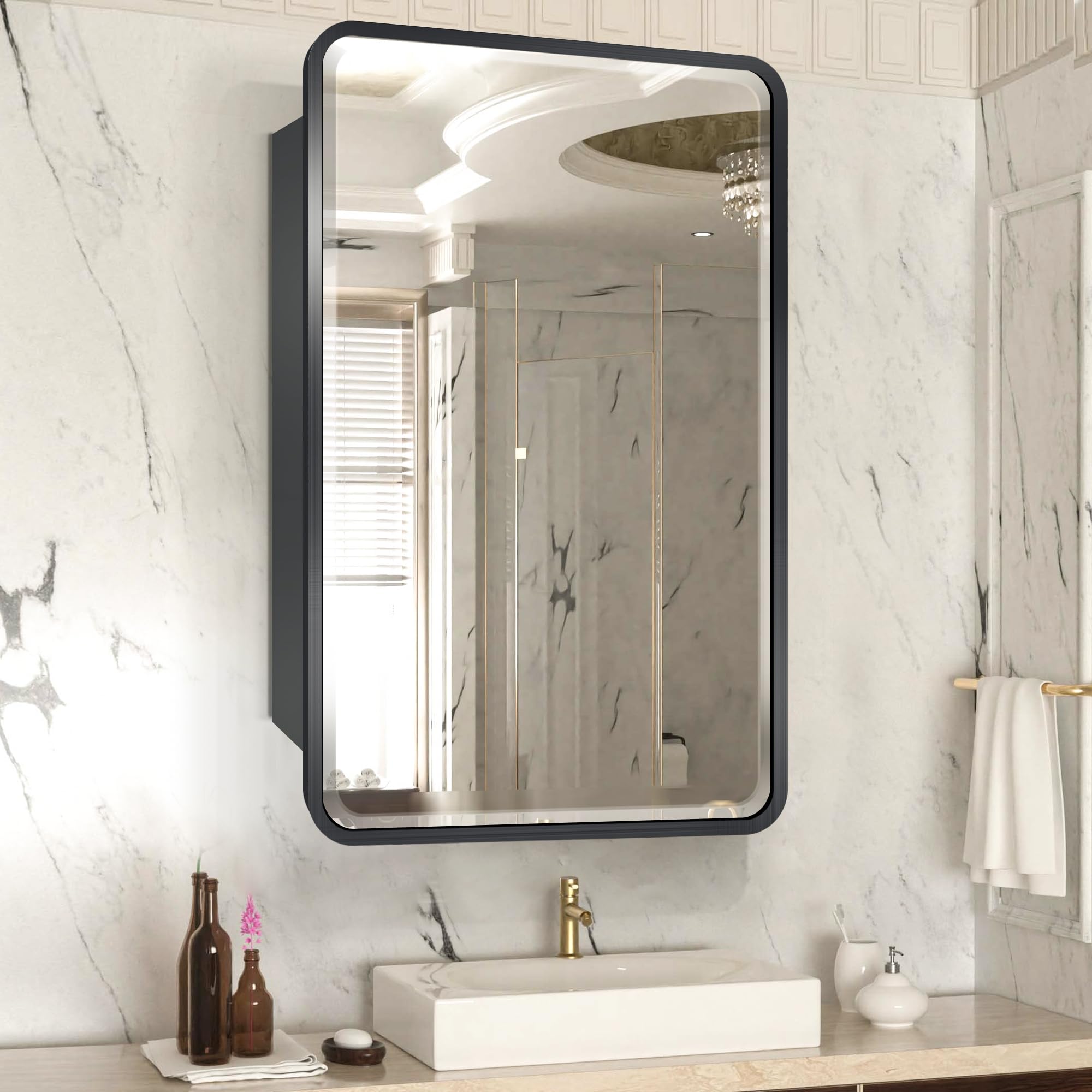 Janboe 41cm×91cm Mirror Cabinet,Mirror Cabinet with Beveled Mirror,Solf Close Hinge,Brushed Metal Framed,Detachable Side Plate for Recess Mount or Surface Mount,Black