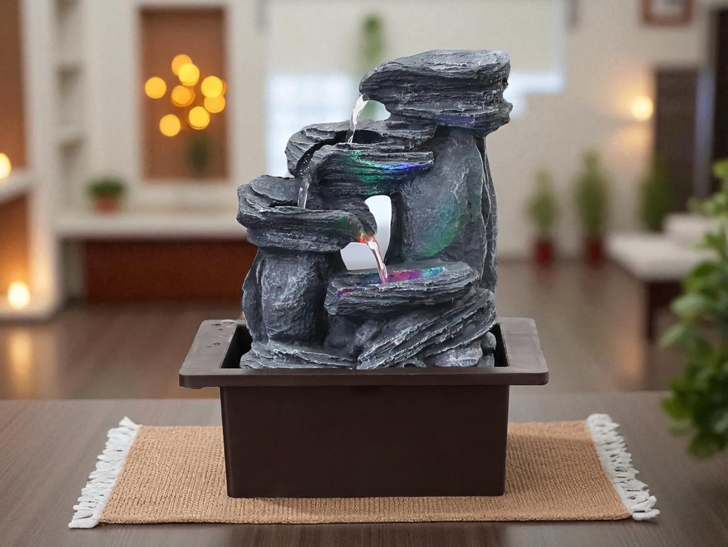 Rock Waterfall Design Table top Colour Changing Lights Fountain Polyresin Showpiece for Home Garden Living Room Decor Decoration Gift Items, 26 CM 1.3 kg