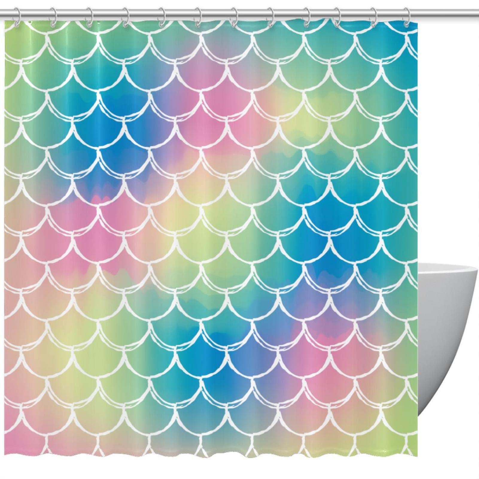 Rideau de douche écailles de sirène 168x183 cm bleu rose vert imperméable avec 12 crochets
