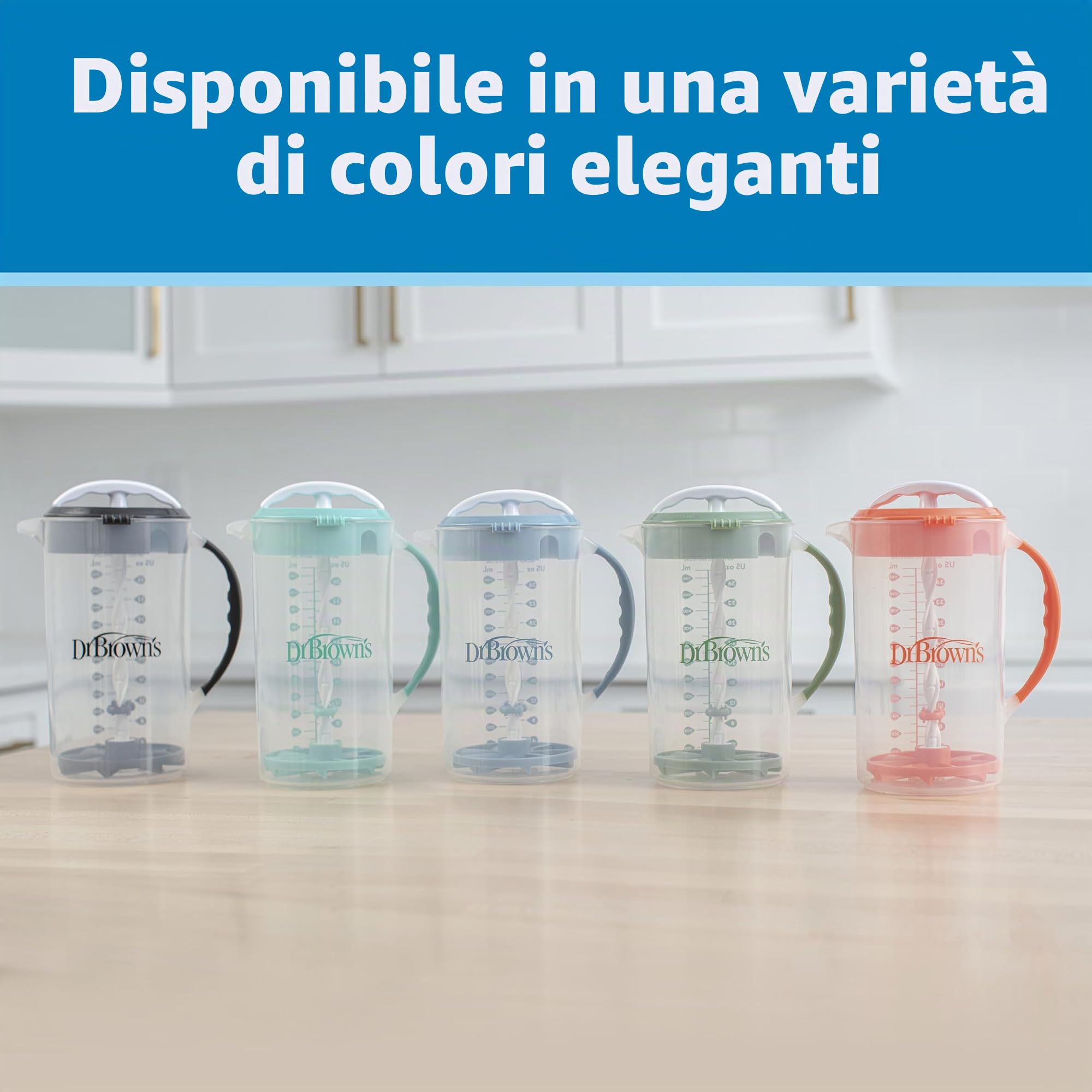 Dr. Brown's Brocca per miscelazione con tappo regolabile, coperchio di bloccaggio e beccuccio senza gocciolamento, 32 once, senza BPA, blu