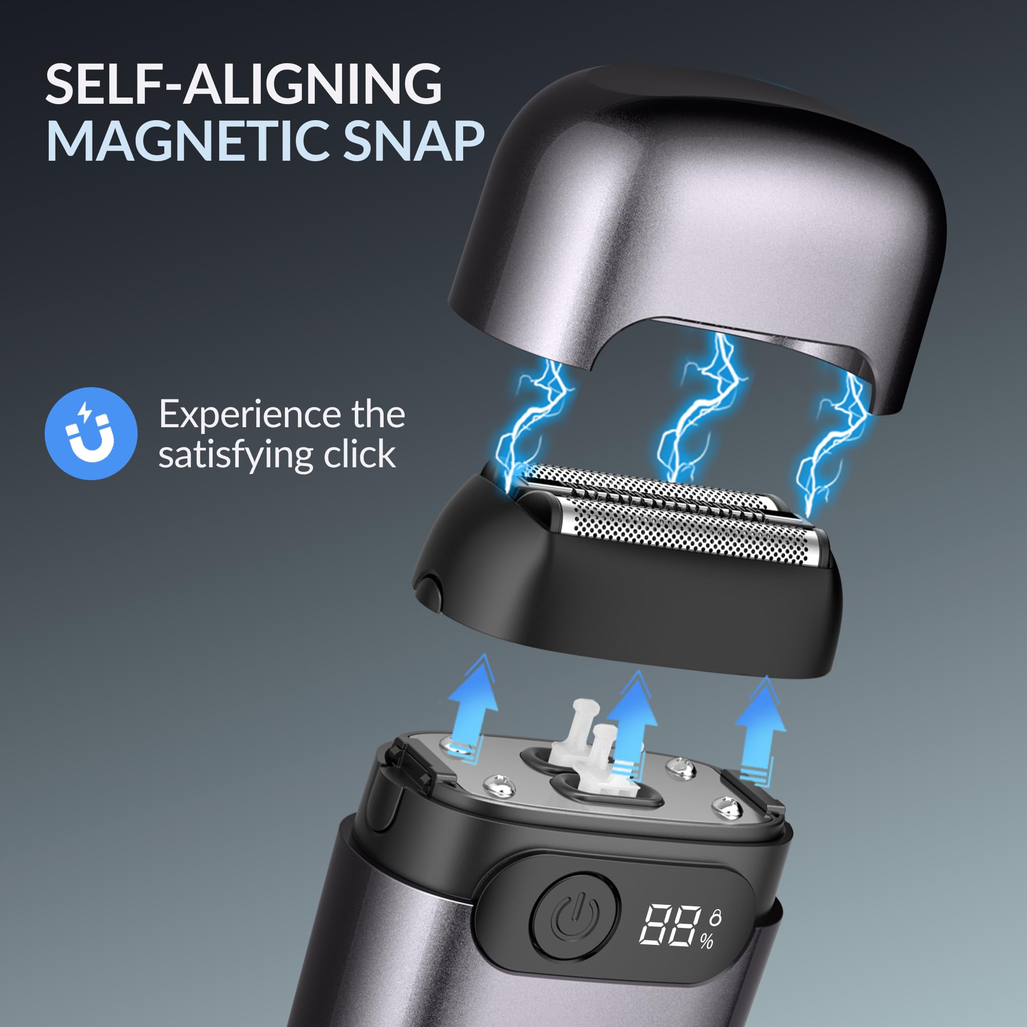 BarberBoss - Afeitadora compacta para hombre, cuchillas flotantes de acero inoxidable, cabezal de hoja magnético, pantalla LED inteligente (Gris Metálico)