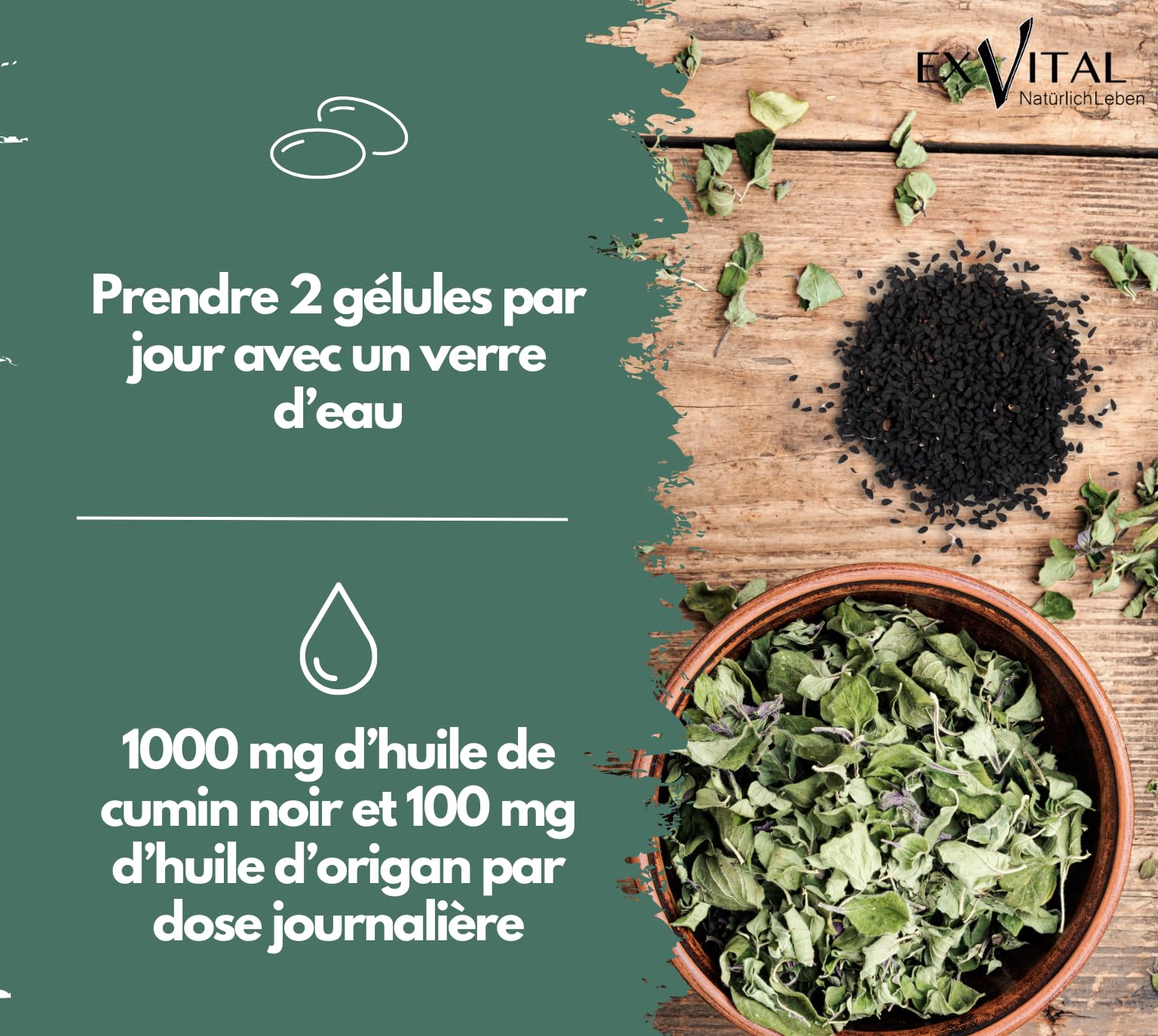 EXVital® Complexe d’huile d’origan & d’huile de nigelle, 180 gélules véganes, 100 mg d’huile d’origan & 1000 mg d’huile de nigelle par jour, 80% de carvacrol, hautement dosé & sans additifs