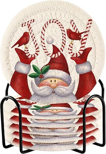 Santa Claus Candy Joy - 6 posavasos de mesa, posavasos de barra de algodón tejido, decoración de mesa, 3.94 pulgadas