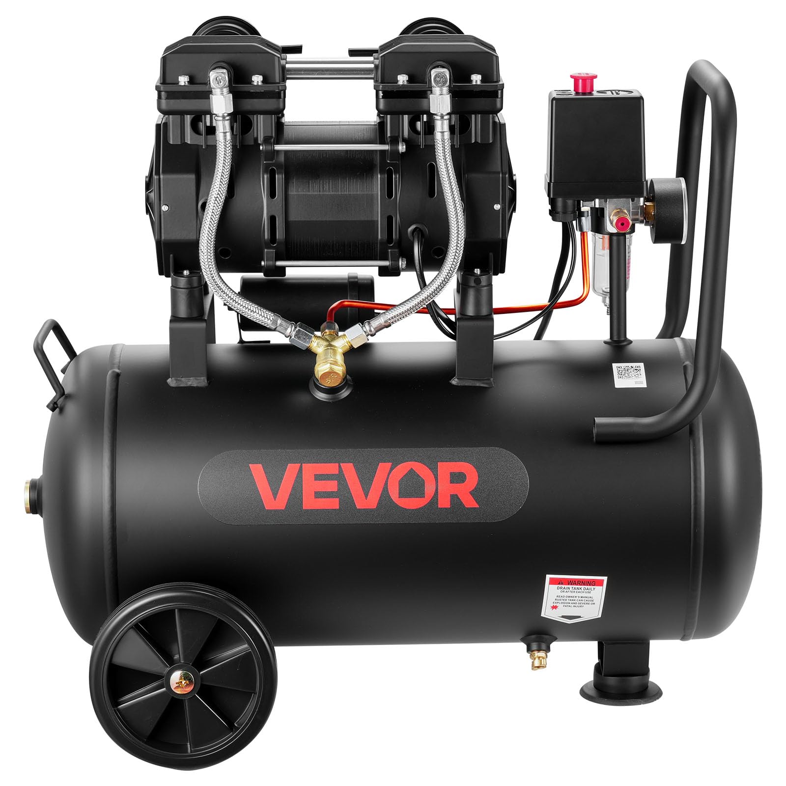 VEVOR Compresor de Aire Portátil con Depósito 30 L sin Aceite, Motor de 1,5 kW, 126 L/min a 6,2 bar, Presión Máxima 8 bar, con Ruedas para Reparación, Taller, Garaje, Inflado y Herramientas Neumáticas