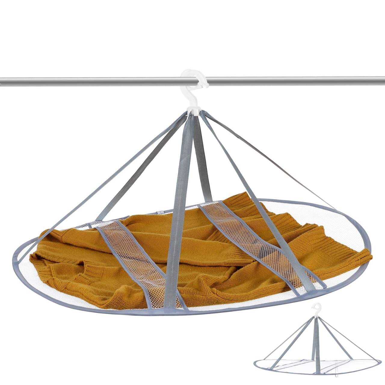 Amosfun Foldable Hanging Mesh Dryer, Sweater Drying Rack with Secure Straps, 360 Rotating Hook Portable Air Drying Basket Rack for Socks, Sweaters, Toys